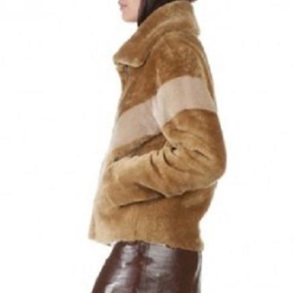 Cropped Brown Chevron-stripe Shearling Jacket - Picture 3 of 13